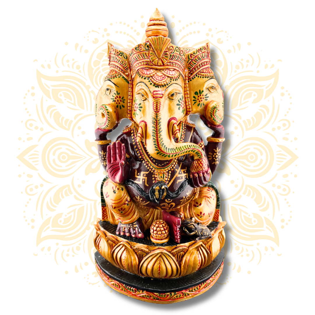 Hand Painted Wooden Three Face Ganesh 12"