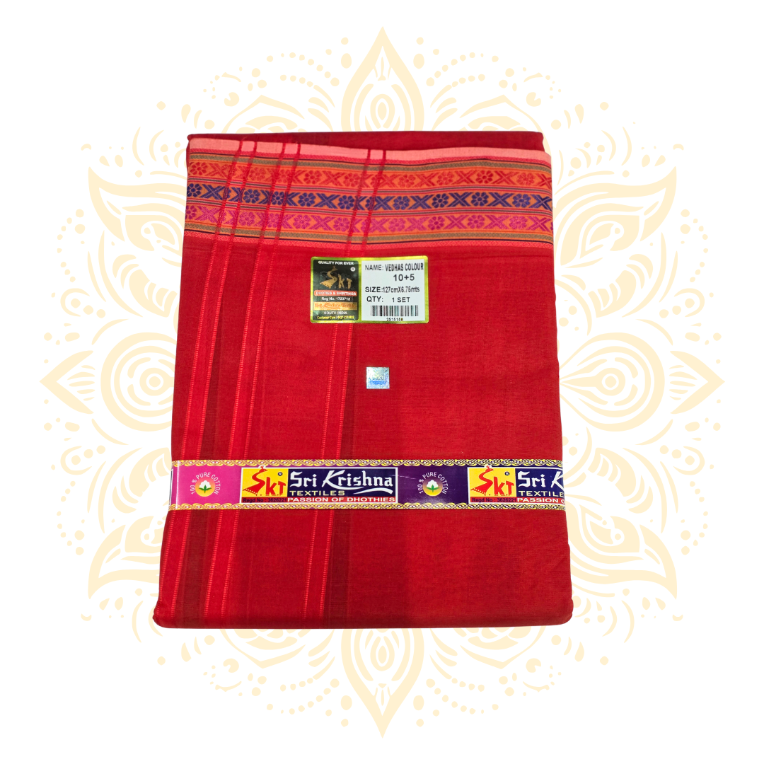 South Indian 100% Cotton Dhoti Set w/ Wide Woven Border