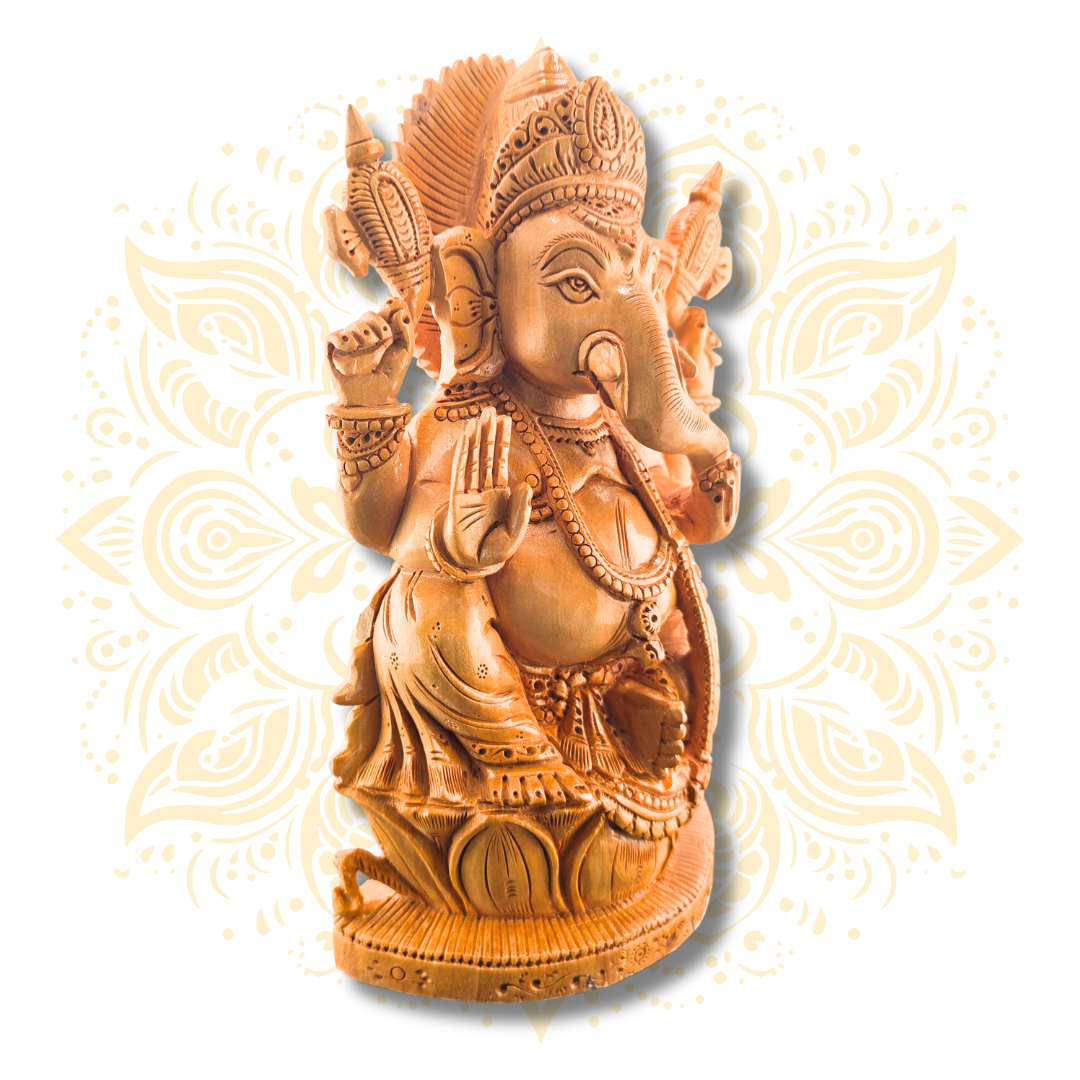 Hand Carved Wooden Ganesh on Lotus Statue – 8” - Matchless Gifts