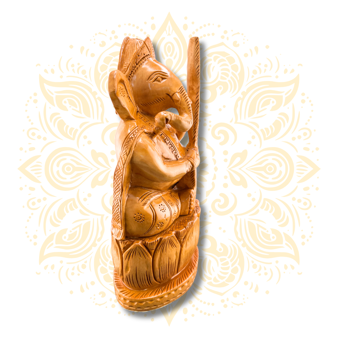 Hand Carved Wooden Musician Ganesha Statue 6”