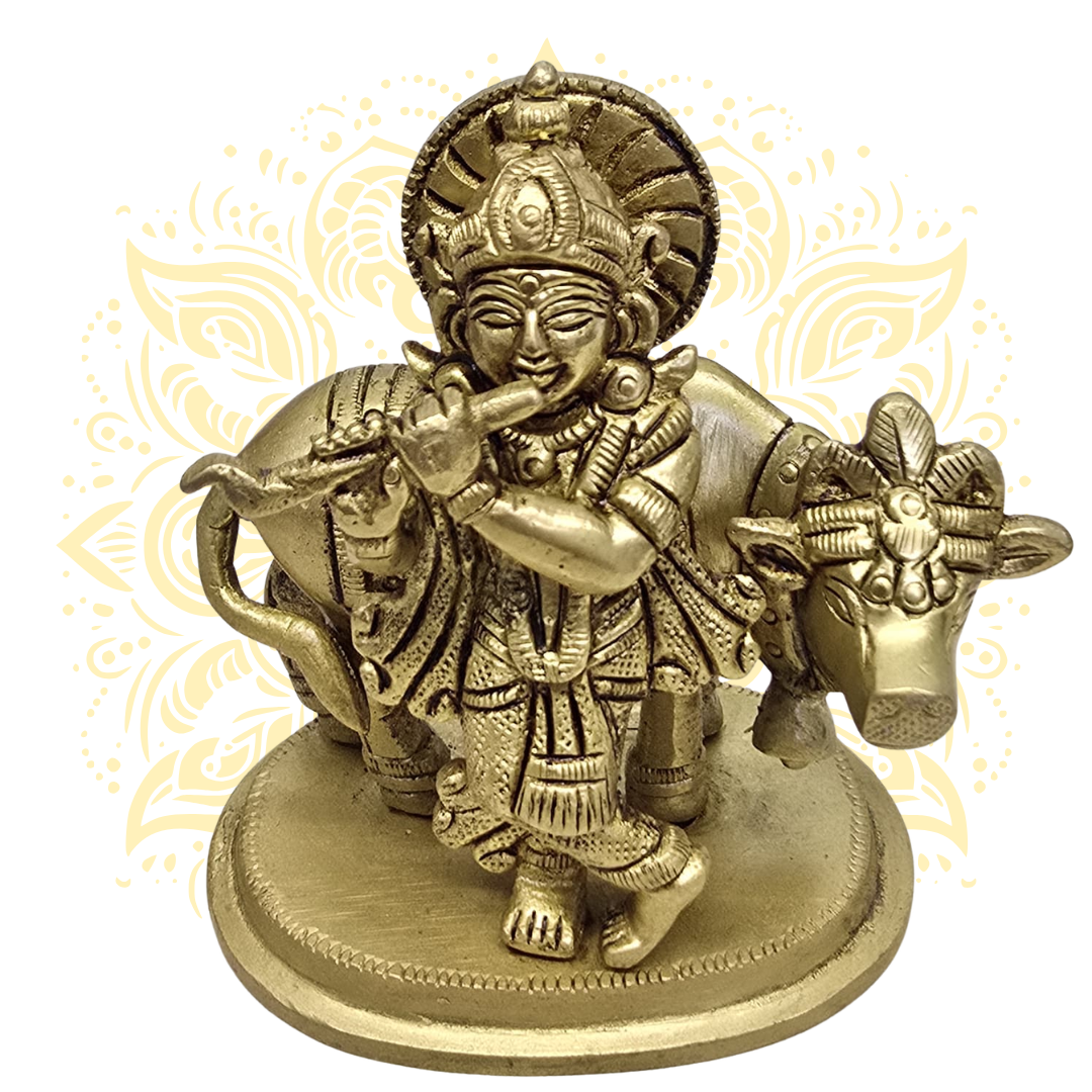 Brass Krishna w/ Cow Murti 4"