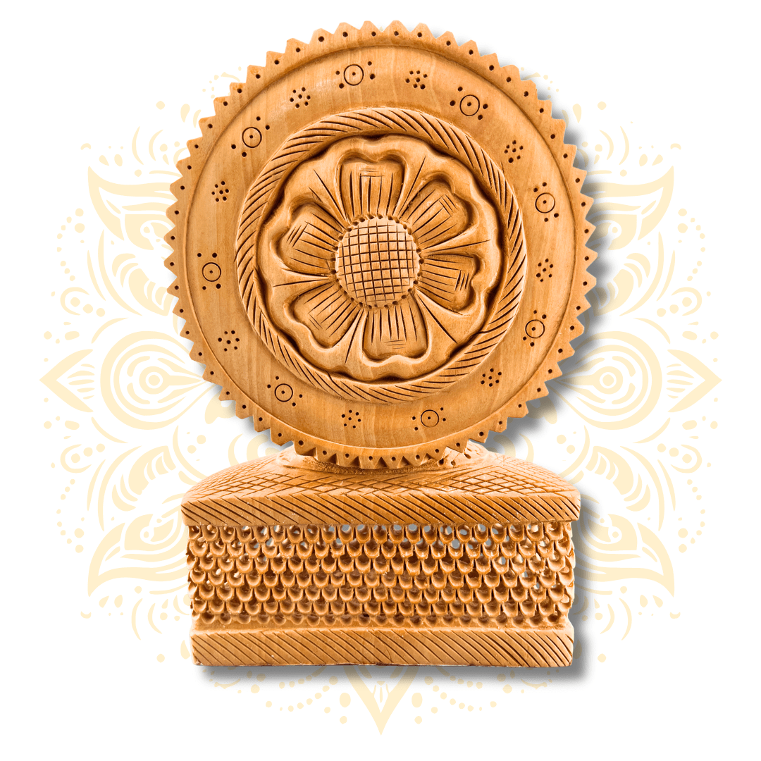 Hand Carved Wooden Buddha Head Murti w/ Jali Kiran Halo – 10” - Matchless Gifts