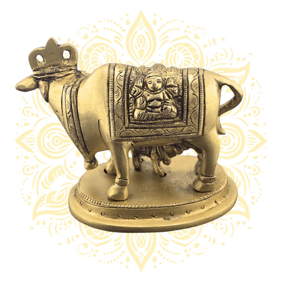 Brass Cow with Calf, Laxmi & Ganesh Figurine 3" - Matchless Gifts
