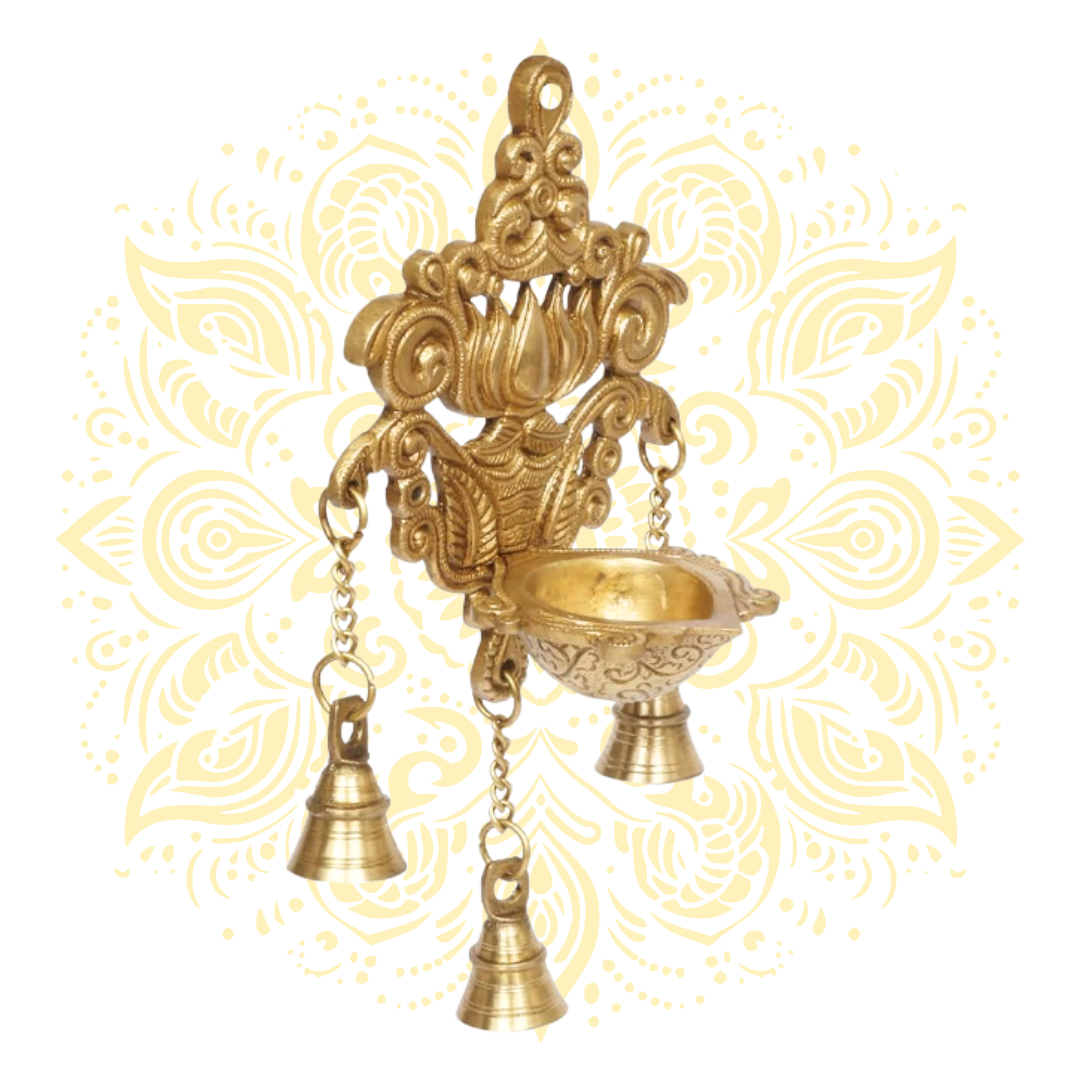 Handicrafts Brass Wall Hanging Diya with 3 Hanging Bells 11 x5 "