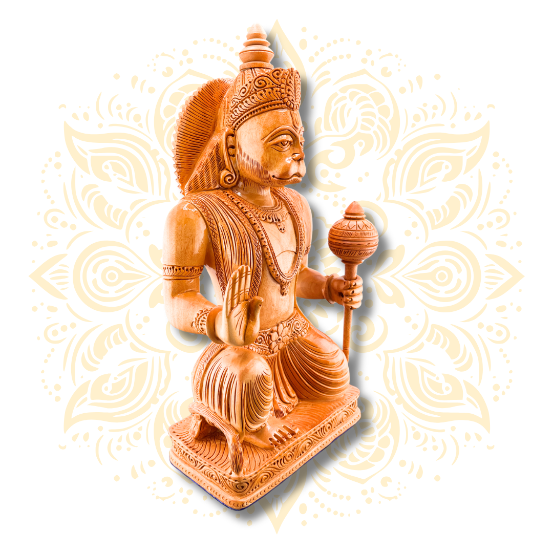 Hand Carved Wooden Sitting Hanuman Statue – 12” - Matchless Gifts