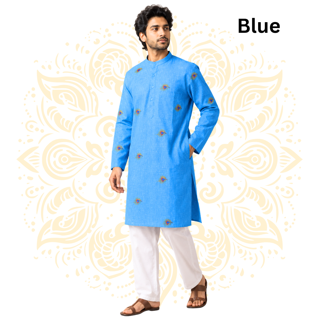 Men’s Peacock Feather Embroidered Cotton Kurta