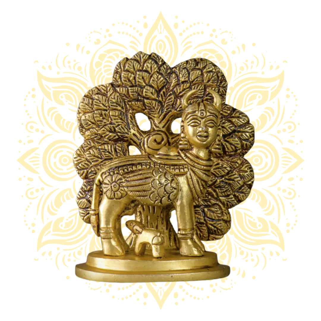Brass Kamadhenu with Kalpavriksha Tree 4"