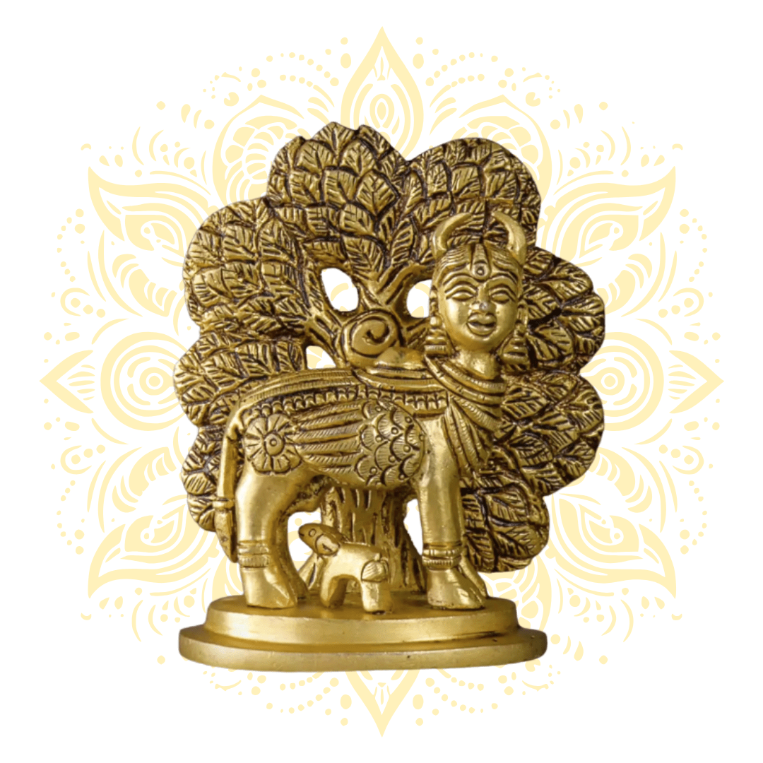 Brass Kamadhenu with Kalpavriksha Tree 4" - Matchless Gifts