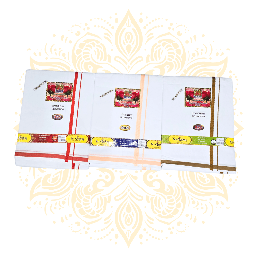 Traditional White Cotton Dhoti 9 x 5 – Gentle Line Border - Matchless Gifts2