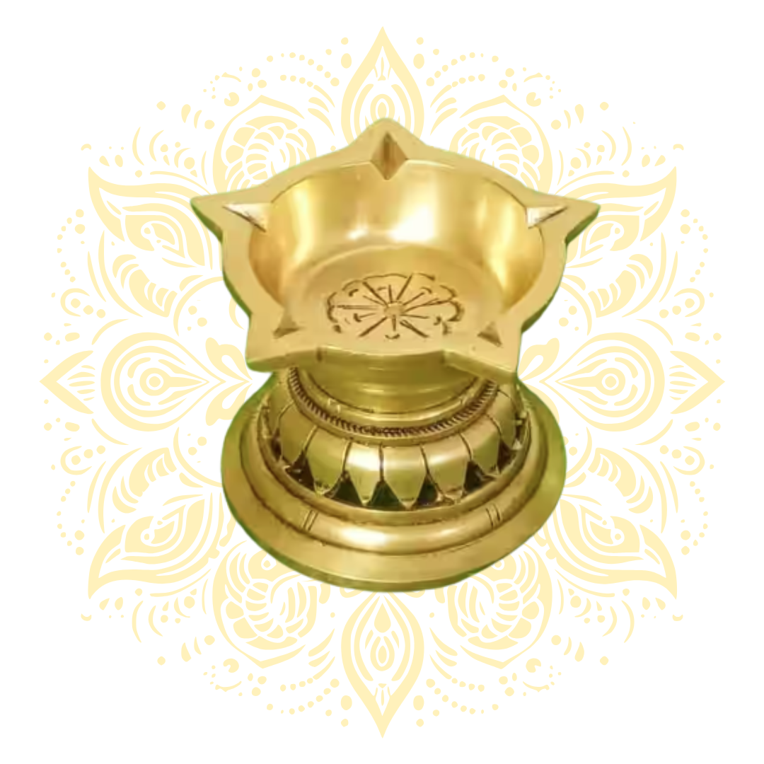 Flower Carved 5 Oil Wicks Brass Diya Lamp 3 x 2.5"