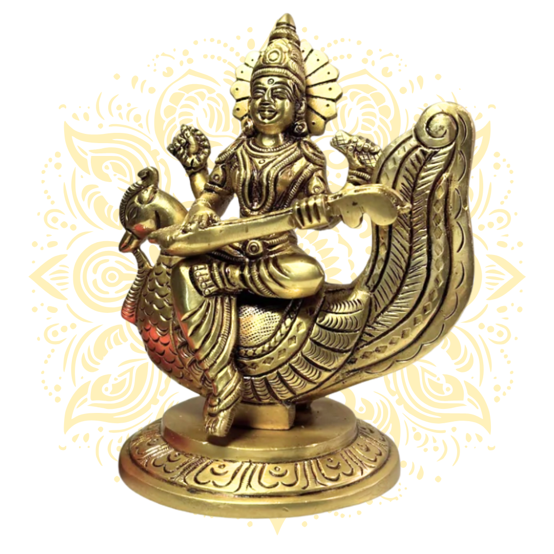 Saraswati 5.5" Brass Murti on Peacock