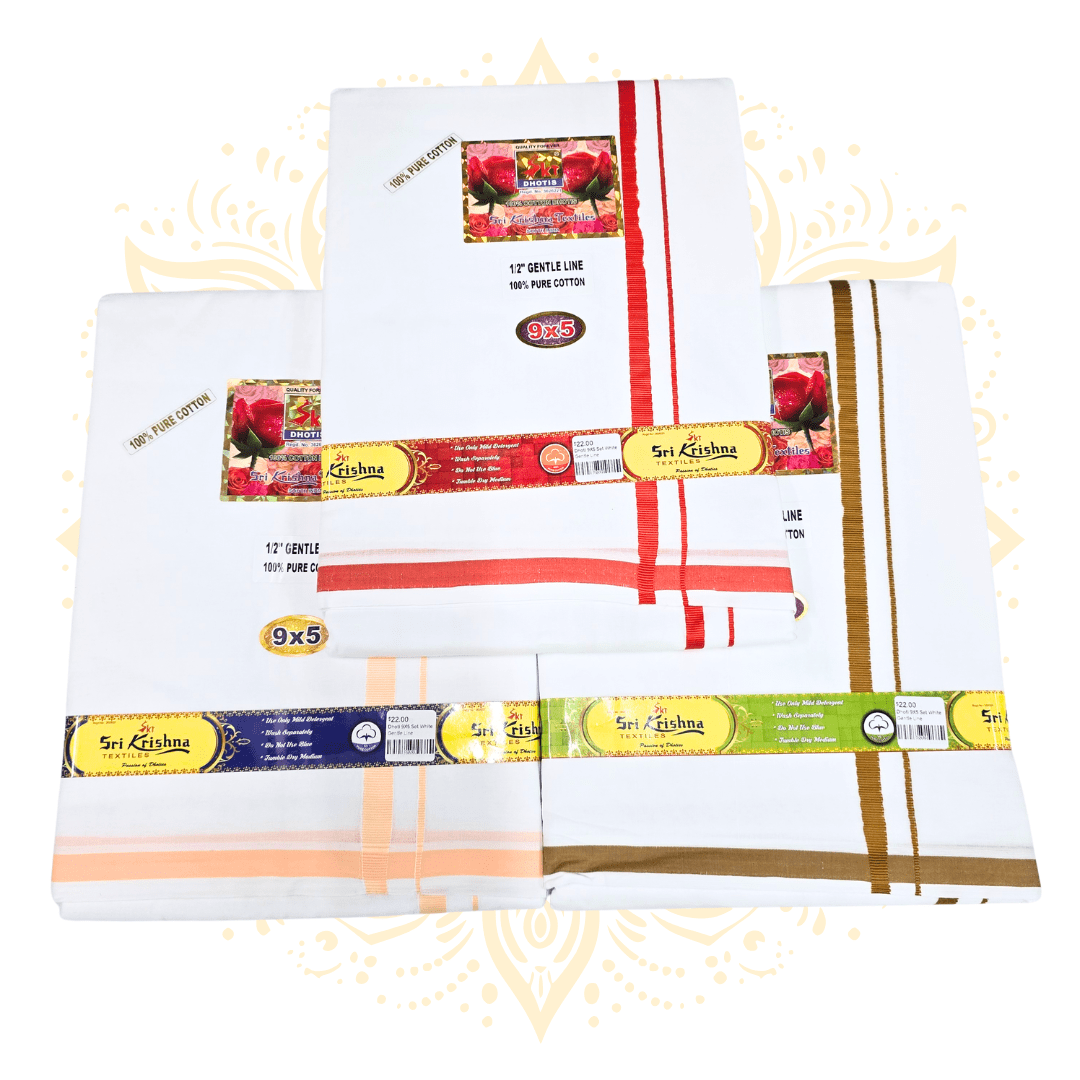 Traditional White Cotton Dhoti 9 x 5 – Gentle Line Border - Matchless Gifts3