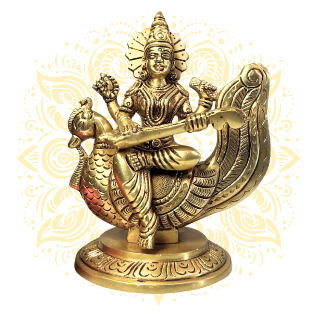 Saraswati 5.5" Brass Murti on Peacock