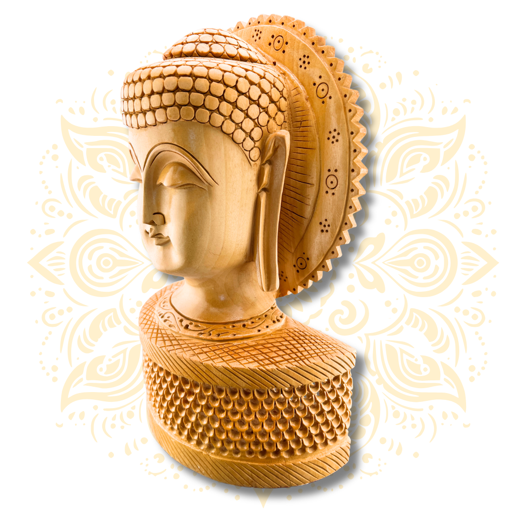 Hand Carved Wooden Buddha Head Statue with Jaali Kiran Halo – 10”