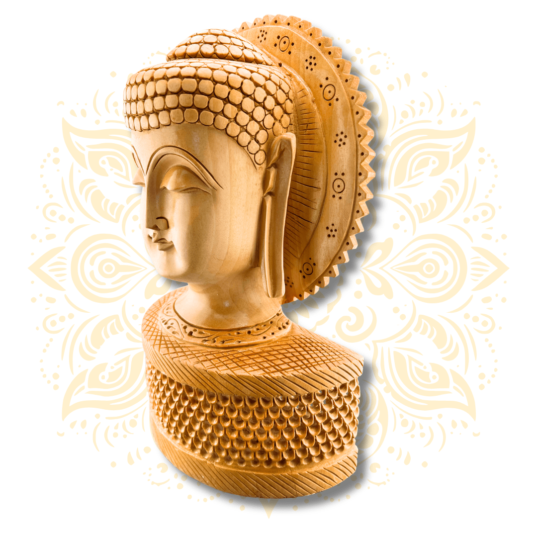 Hand Carved Wooden Buddha Head Murti w/ Jali Kiran Halo – 10” - Matchless Gifts