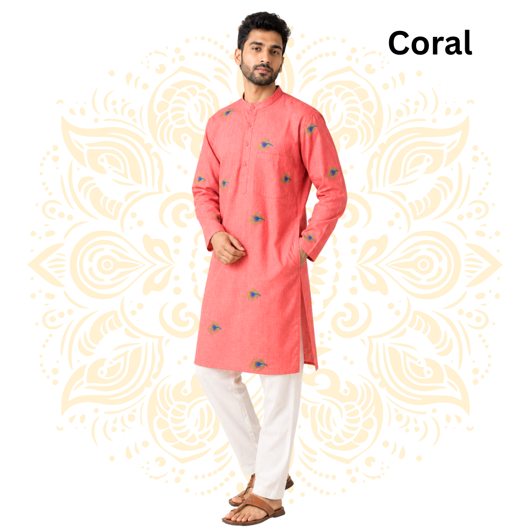 Men’s Peacock Feather Embroidered Cotton Kurta