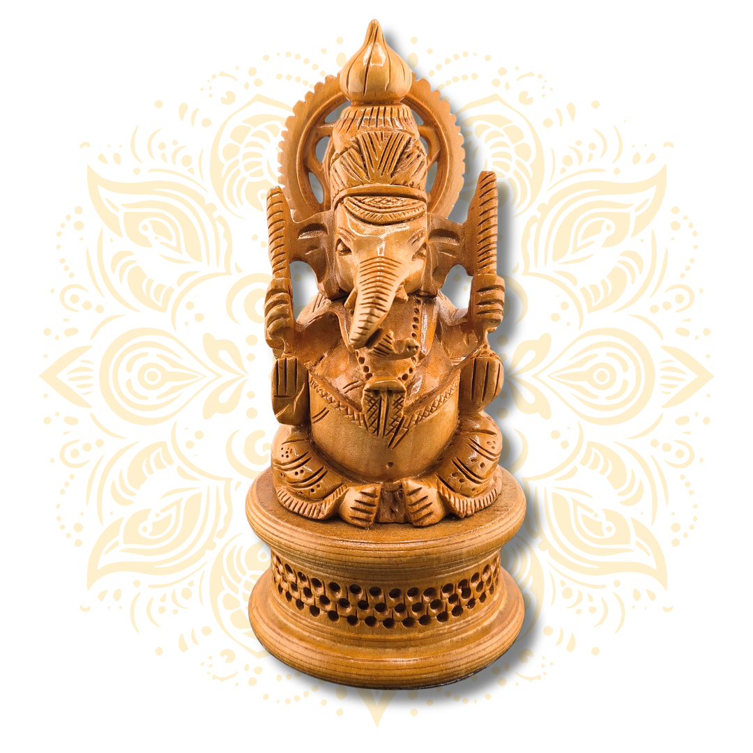 Hand Carved Wooden Jali Ganesh Statue 6” – Lord Ganesha