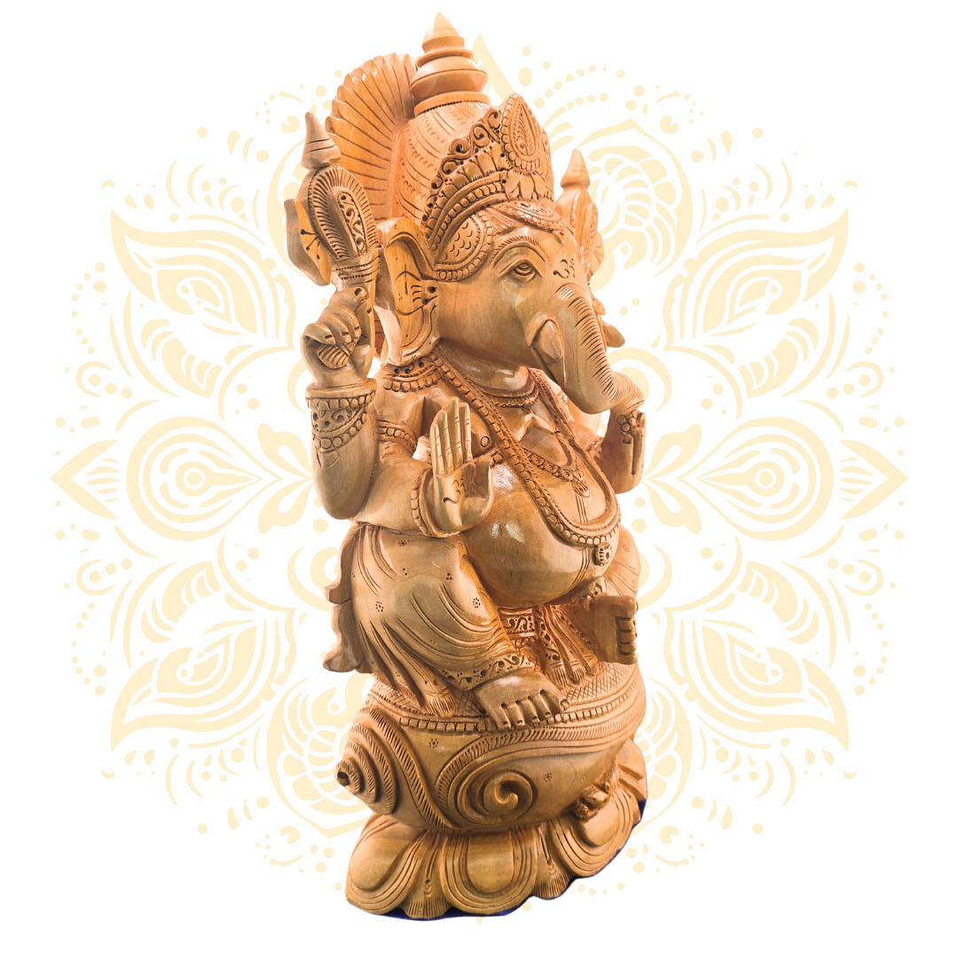 Hand Carved Wooden Ganesh on Conch 12”