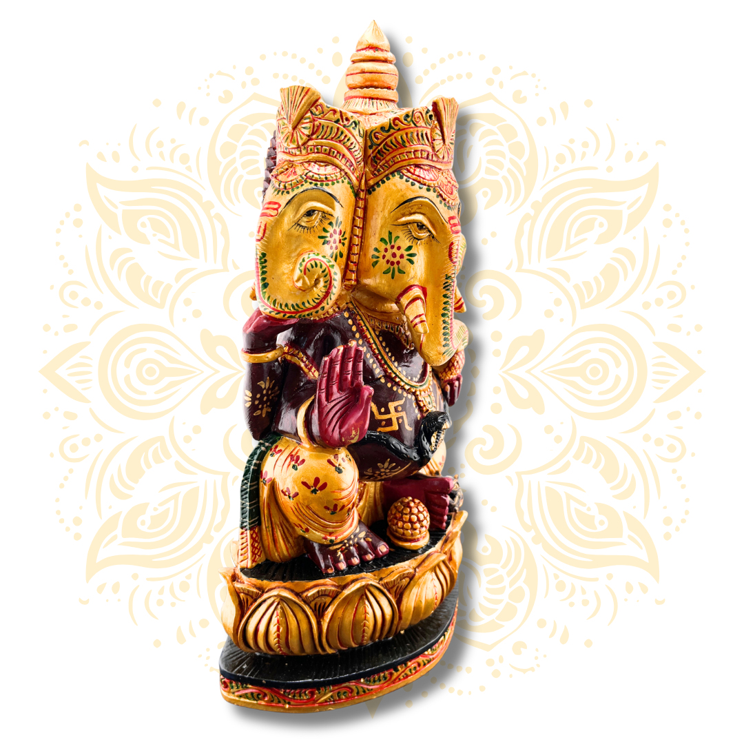Hand Painted Wooden Three Face Ganesh 12"