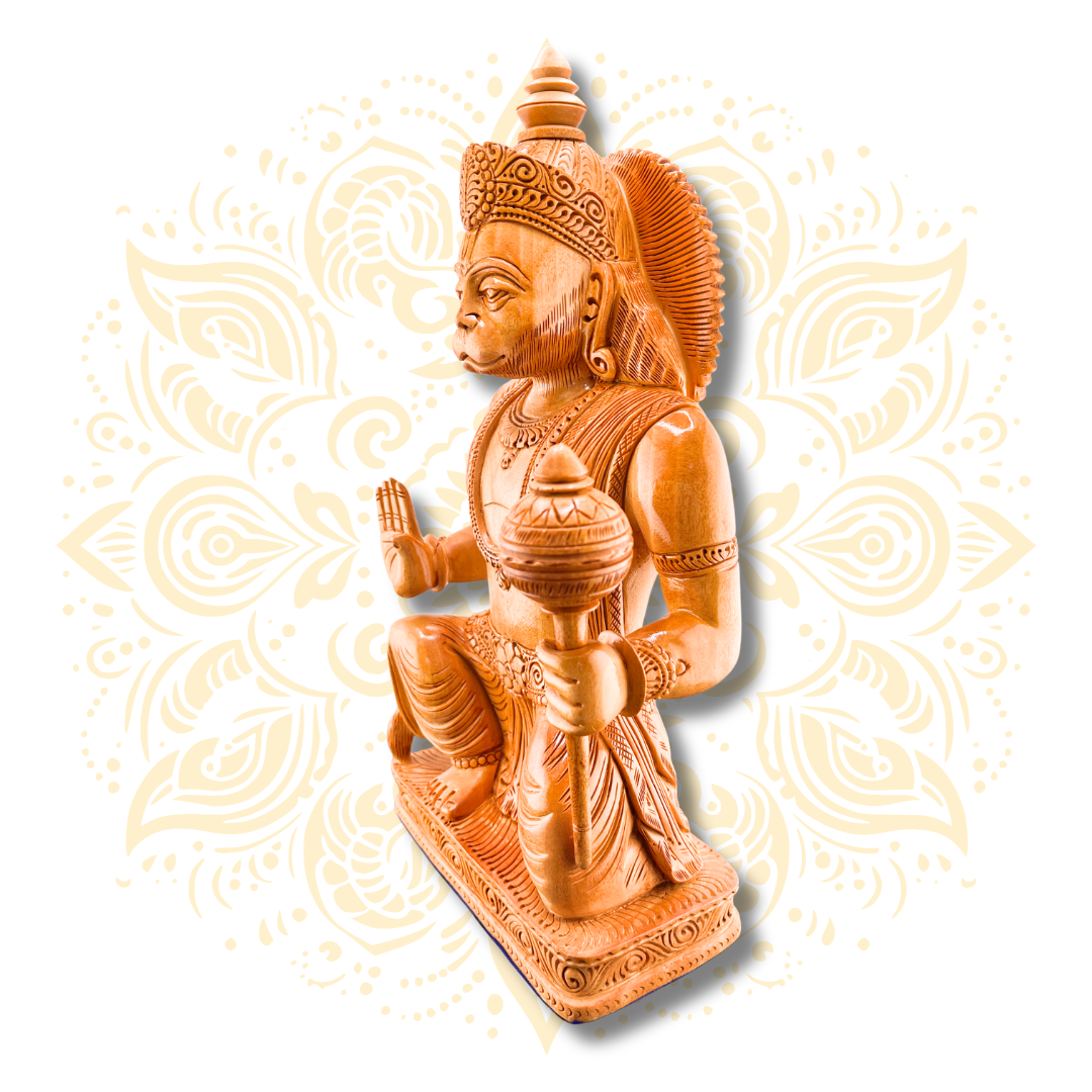 Hand Carved Wooden Sitting Hanuman Statue – 12” - Matchless Gifts