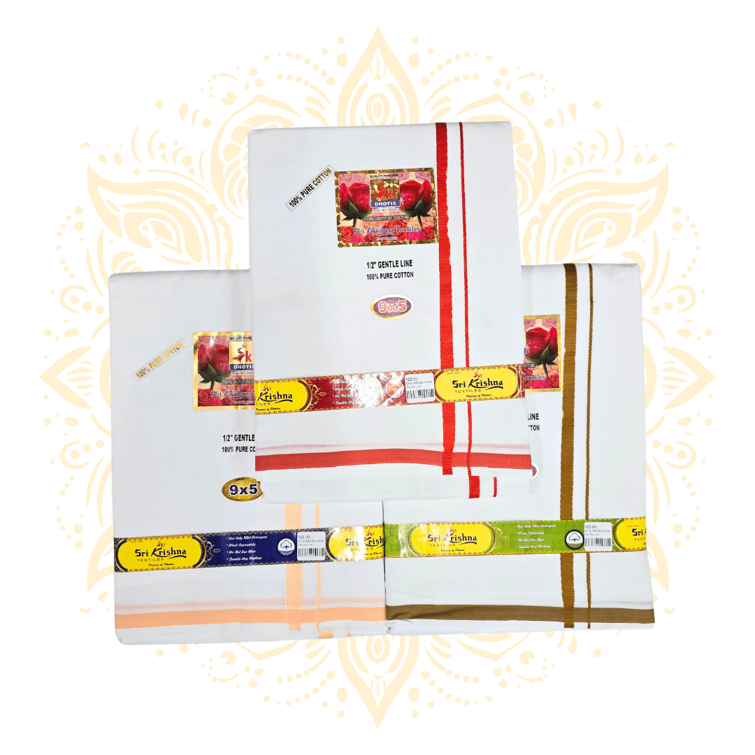 Traditional White Cotton Dhoti 9 x 5 – Gentle Line Border - Matchless Gifts1