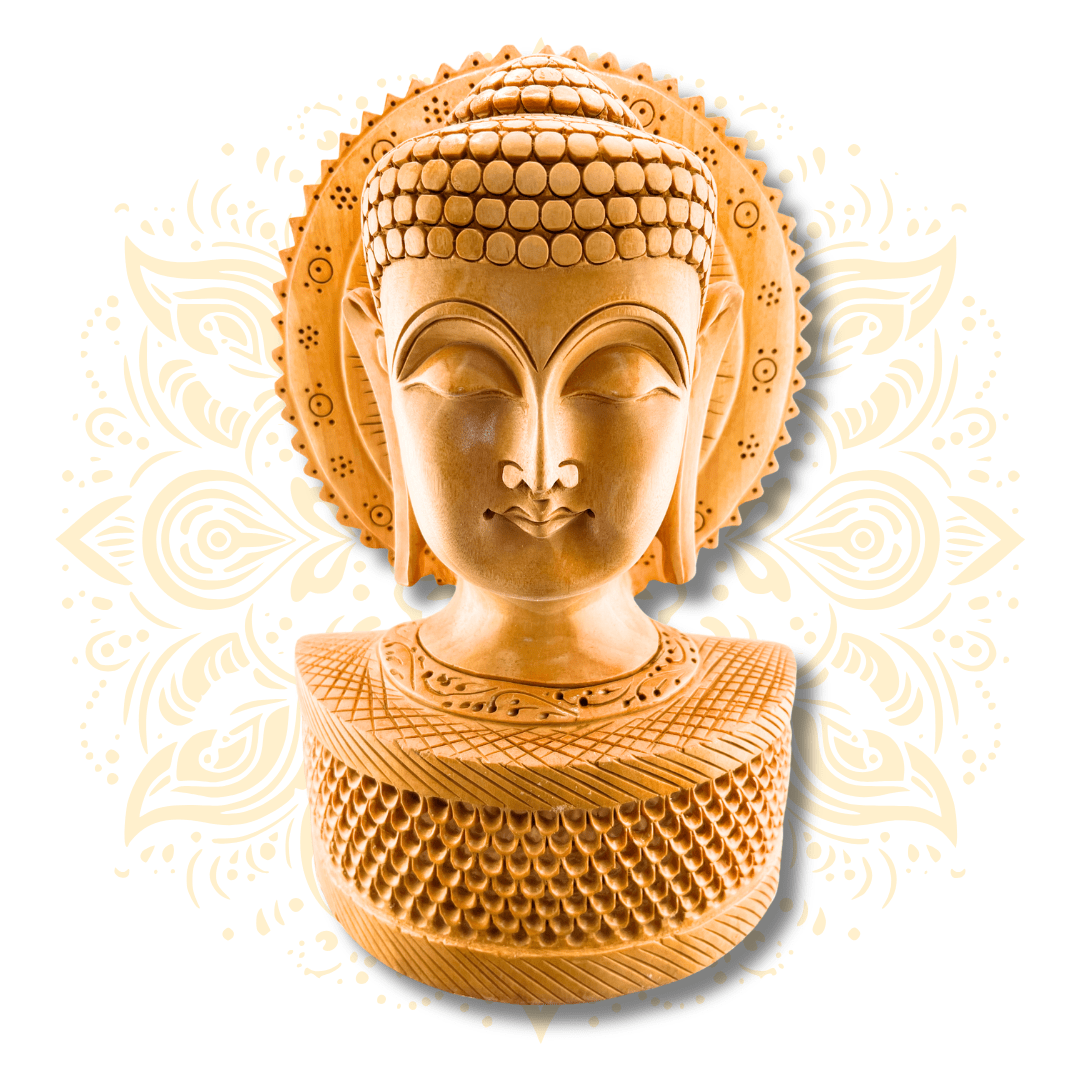 Hand Carved Wooden Buddha Head Murti w/ Jali Kiran Halo – 10” - Matchless Gifts
