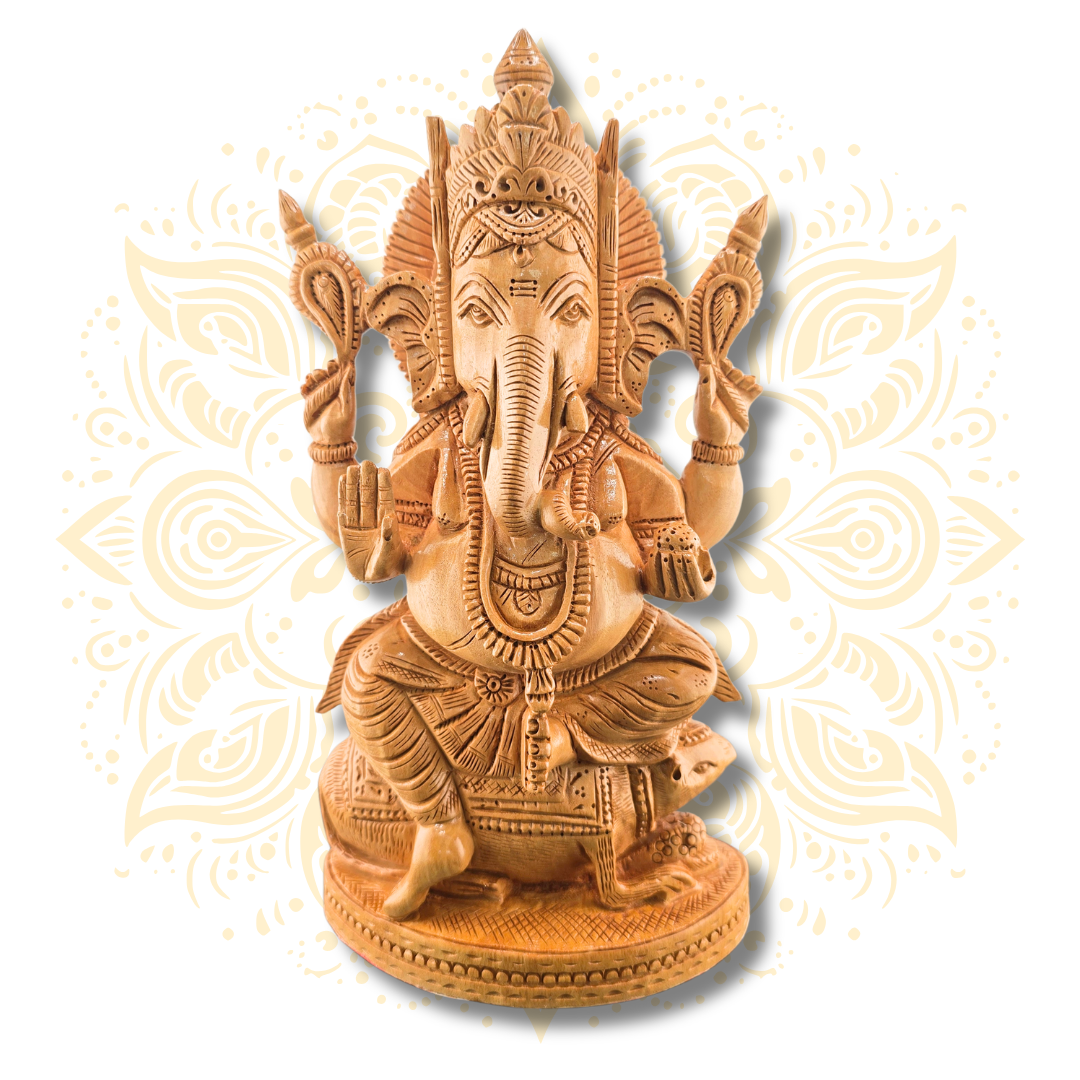 Hand Carved Wooden Ganesha Statue 9”