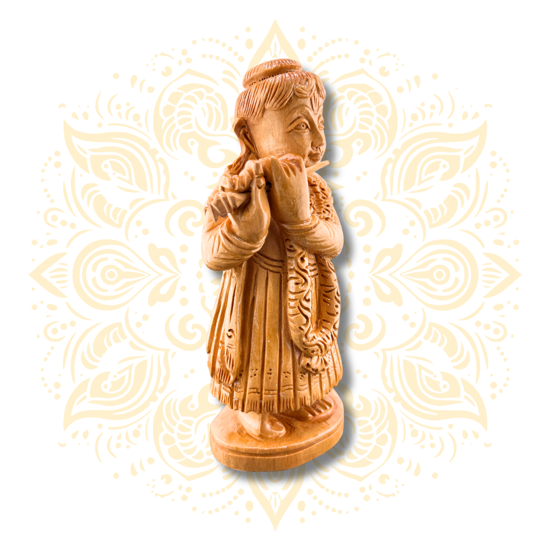 Hand Carved Wooden Krishna Playing Flute - 6"