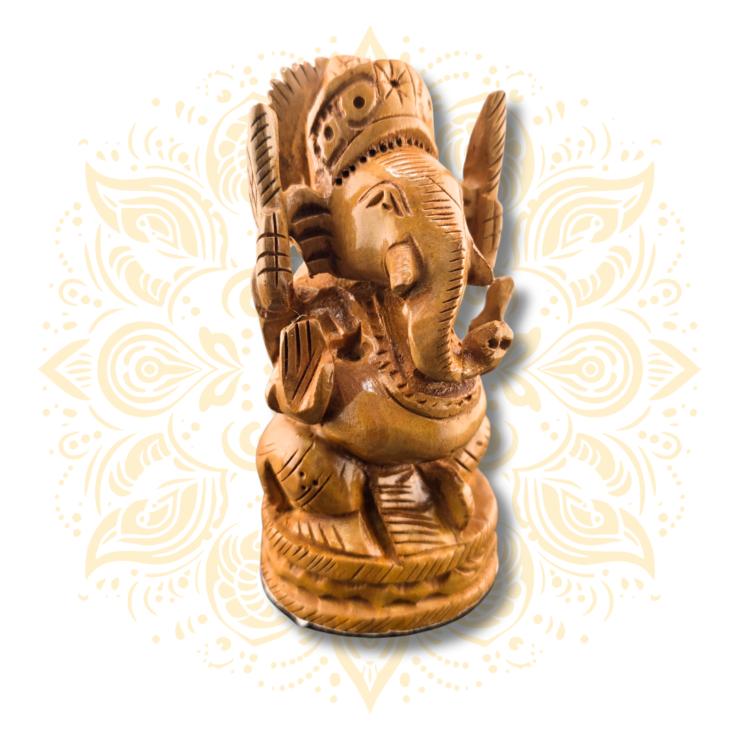 Mini Hand Carved Wooden Ganesh Statue 4”