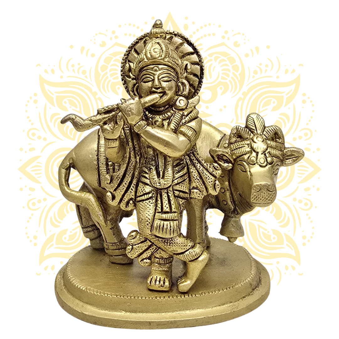 Brass Krishna w/ Cow Murti 4"