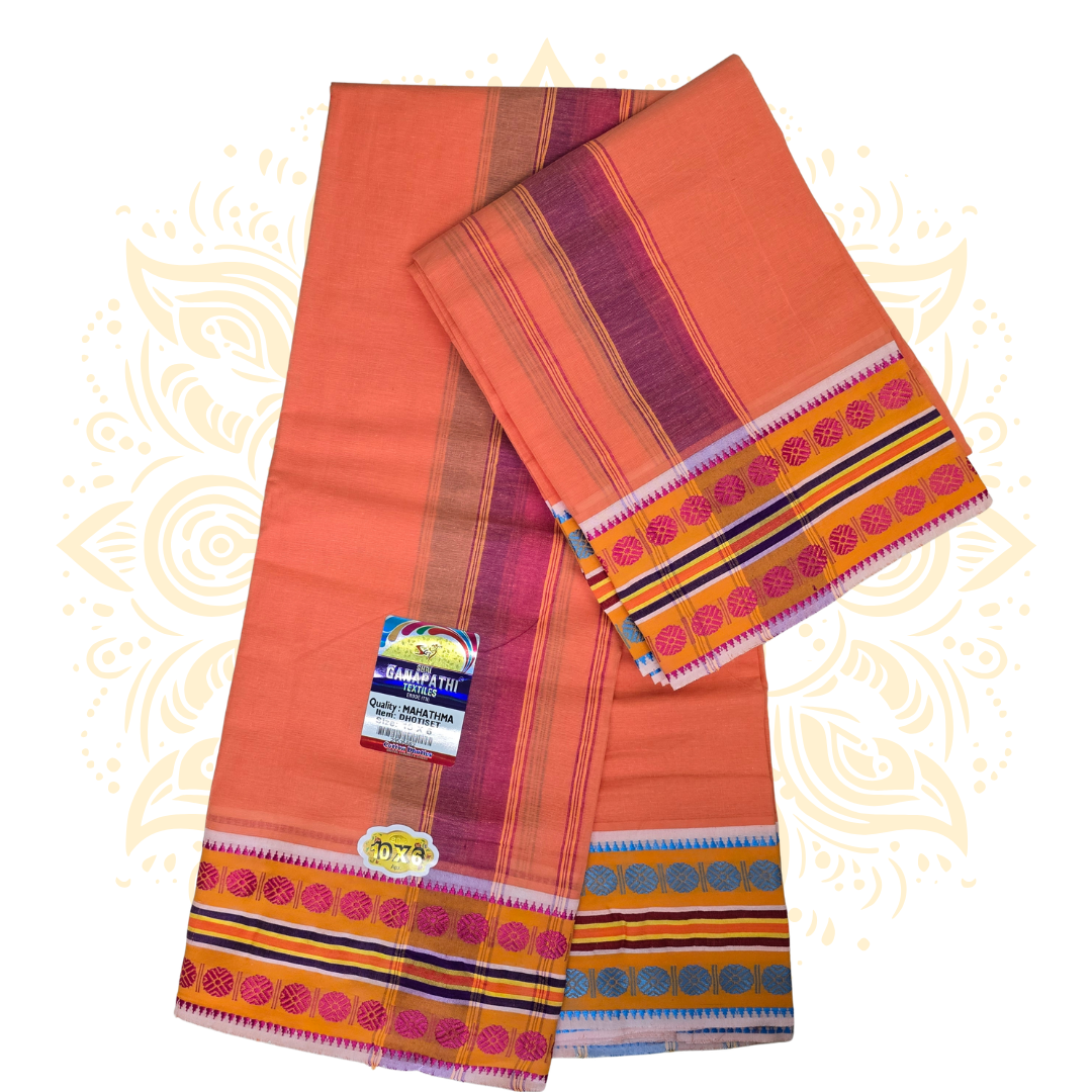 South Indian 100% Cotton Dhoti Set w/ Wide Woven Border - Matchless Gifts5