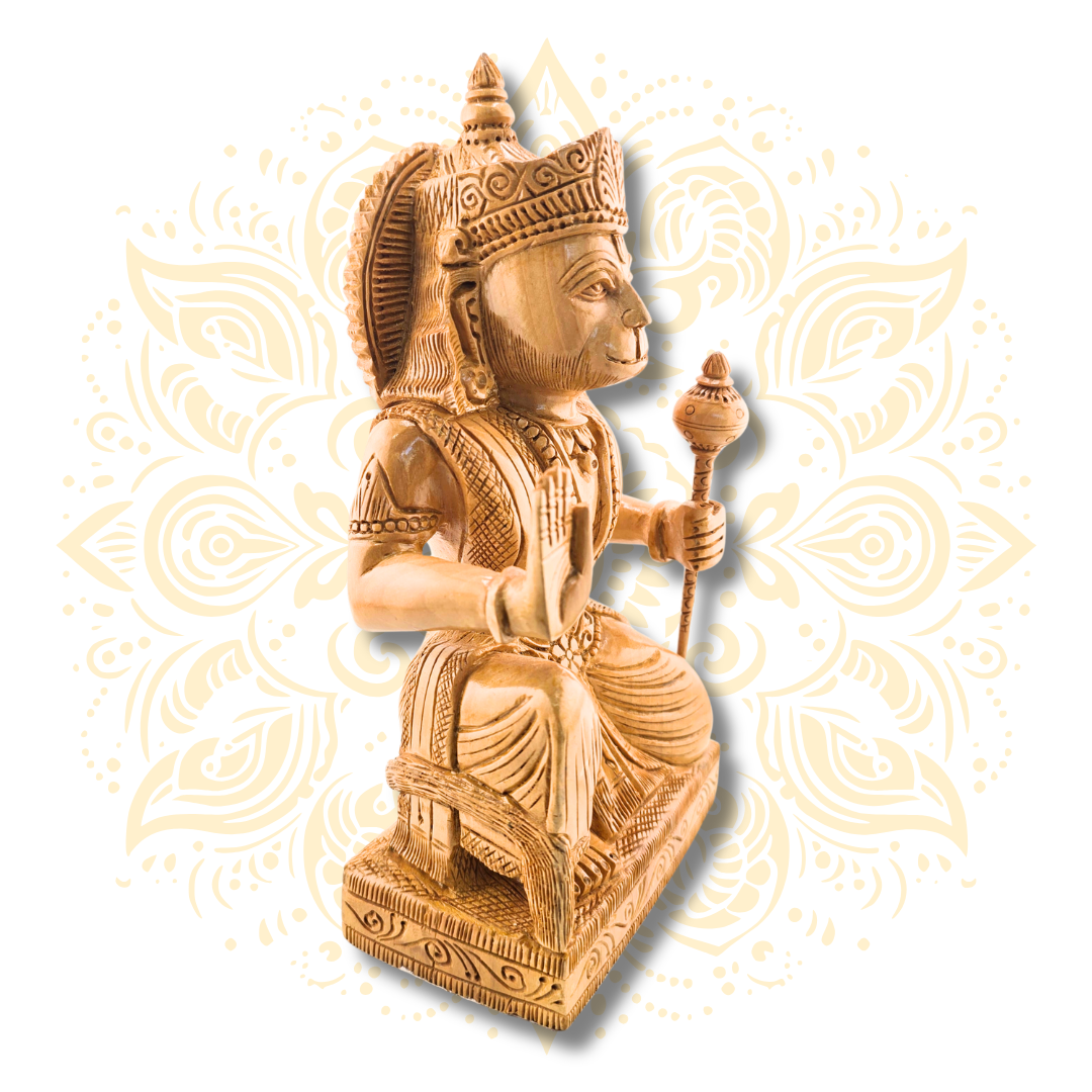 Hand Carved Wooden Sitting Hanuman Statue