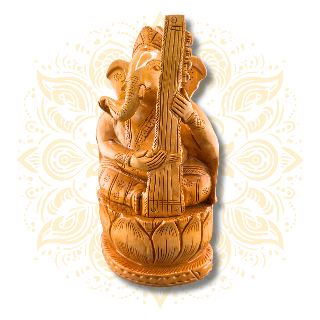 Hand Carved Wooden Musician Ganesha Statue 8”