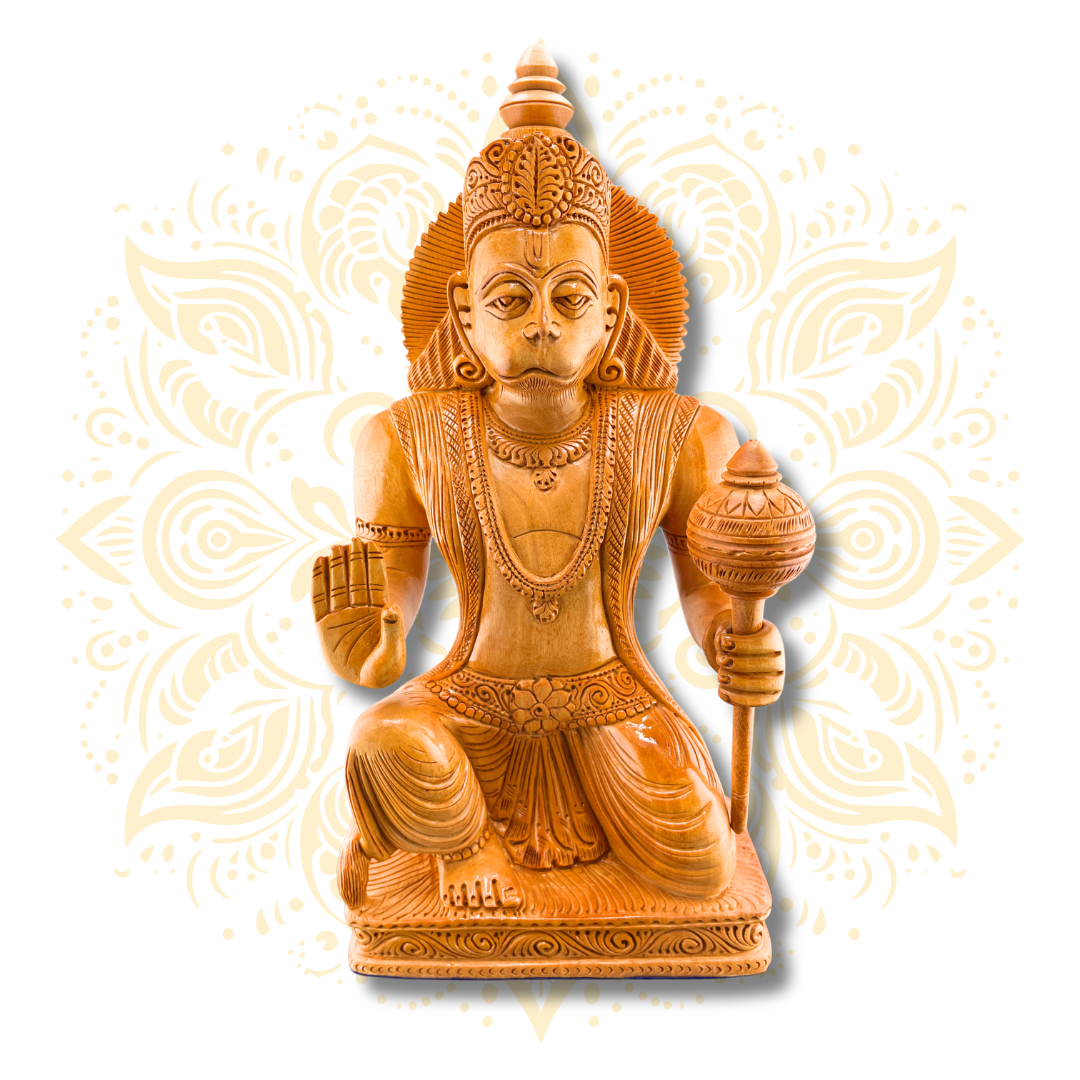 Hand Carved Wooden Sitting Hanuman Statue – 12” - Matchless Gifts