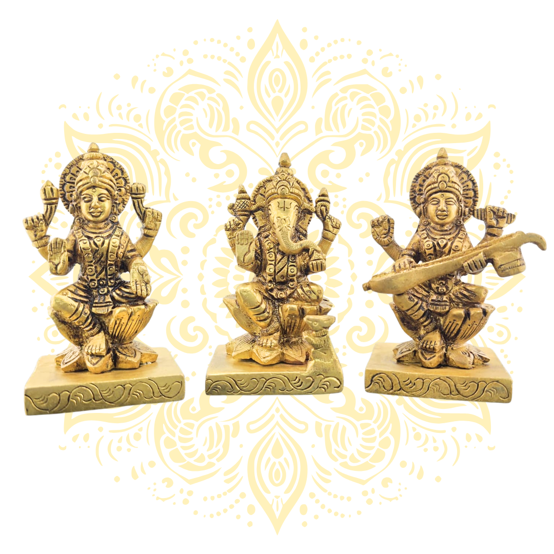 4" Saraswati, Ganesha and Lakshmi In Brass