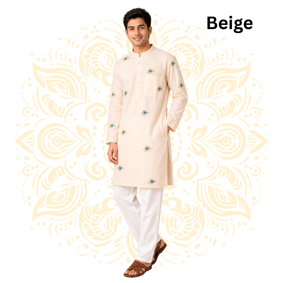 Men’s Peacock Feather Embroidered Cotton Kurta