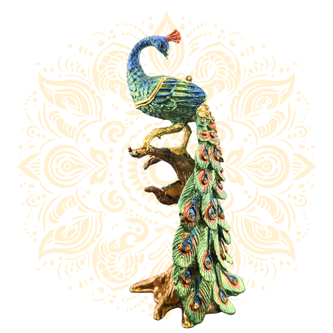 Peacock Metal Trinket Box w/ Crystal Accents | 6 x 3 Inch - Matchless Gifts