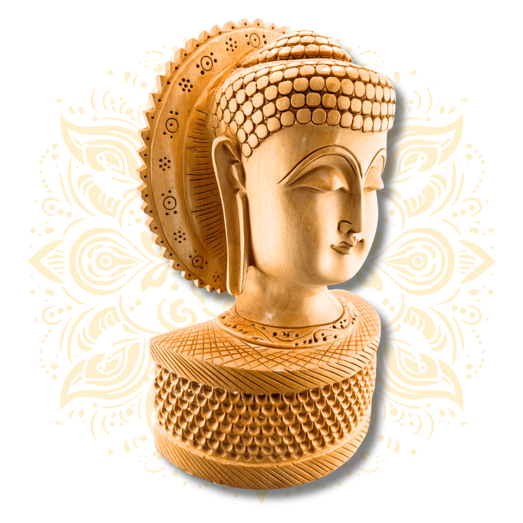 Hand Carved Wooden Buddha Head Murti w/ Jali Kiran Halo – 10” - Matchless Gifts