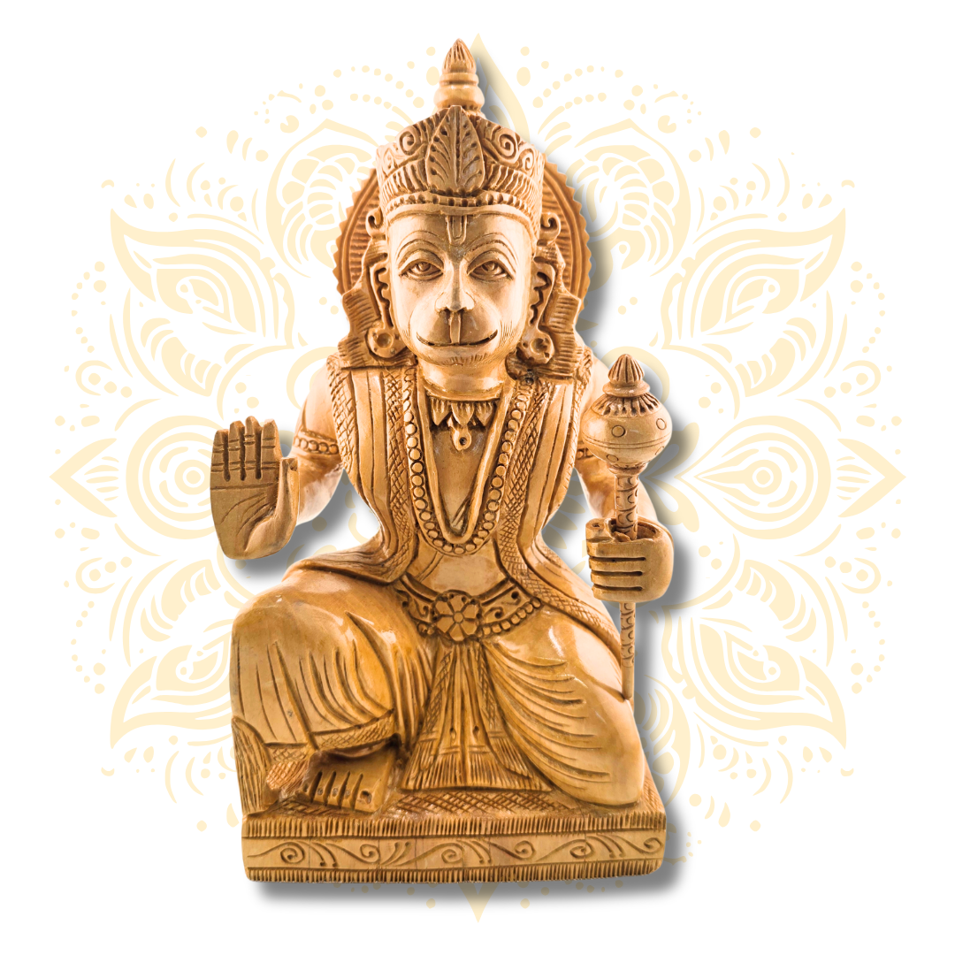 Hand Carved Wooden Sitting Hanuman Statue