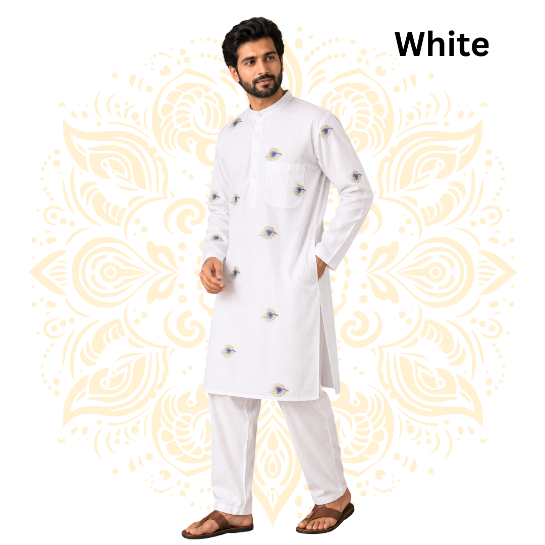 Men’s Peacock Feather Embroidered Cotton Kurta