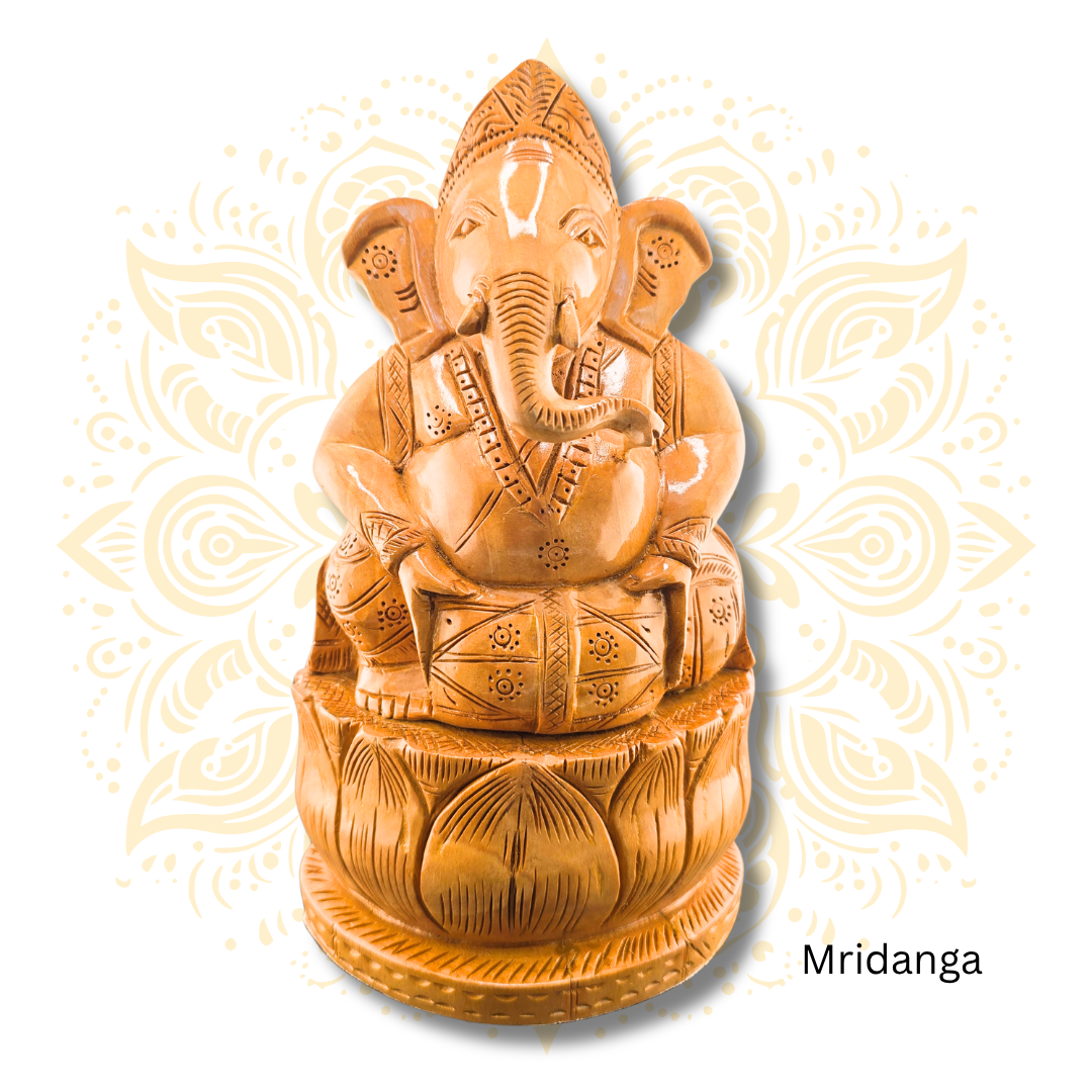 Hand Carved Wooden Musician Ganesha Statue 8”