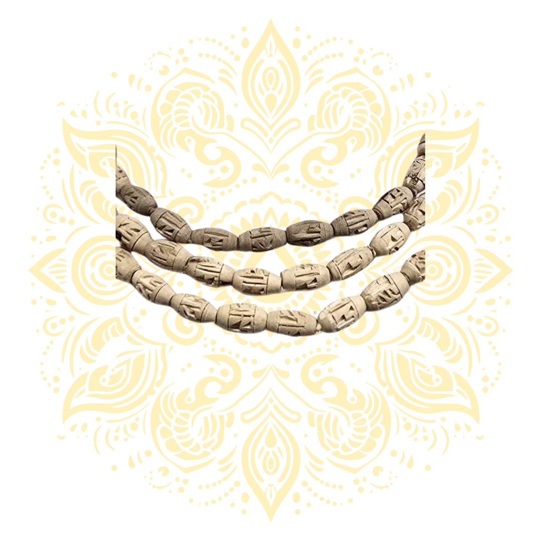 Carved Rice Shaped Tulsi Kanthi Mala 3 round 17"