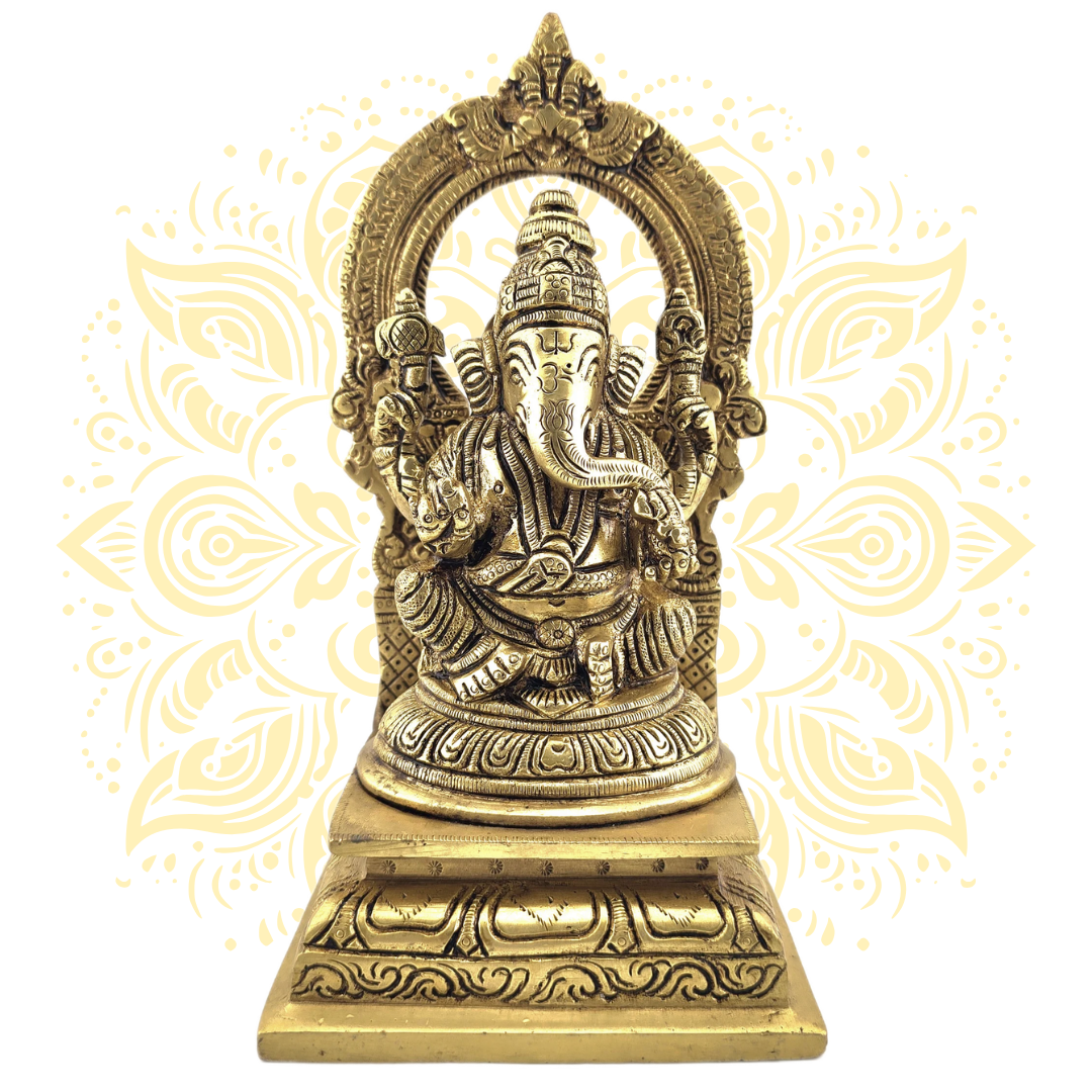 Ganesh 8" Brass Murti w/ Om & Decorative Arch