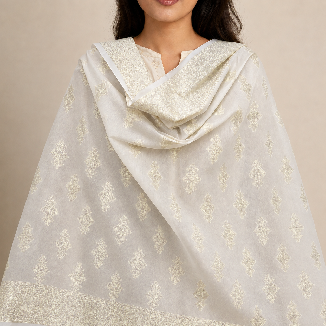 Light Gold Geometric Booti Tissue Dupatta