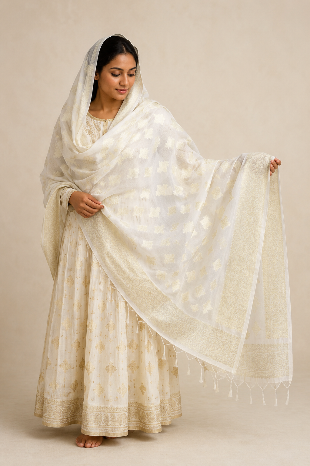 Light Gold Geometric Booti Tissue Dupatta