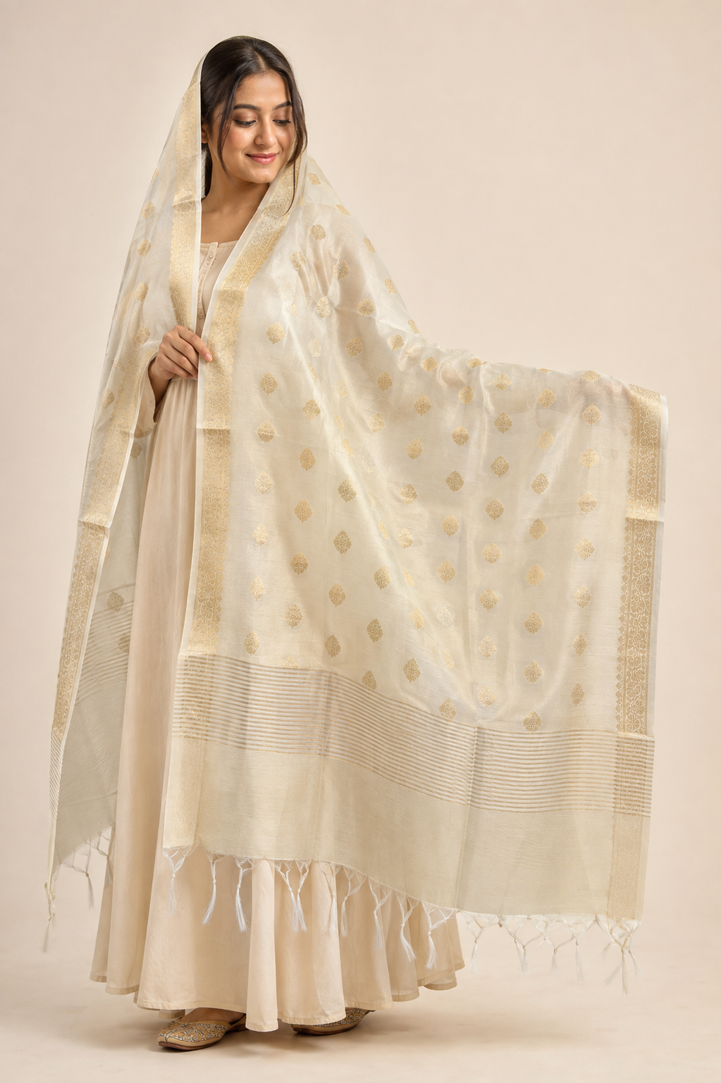 Gold Striped Floral Booti Tissue Dupatta