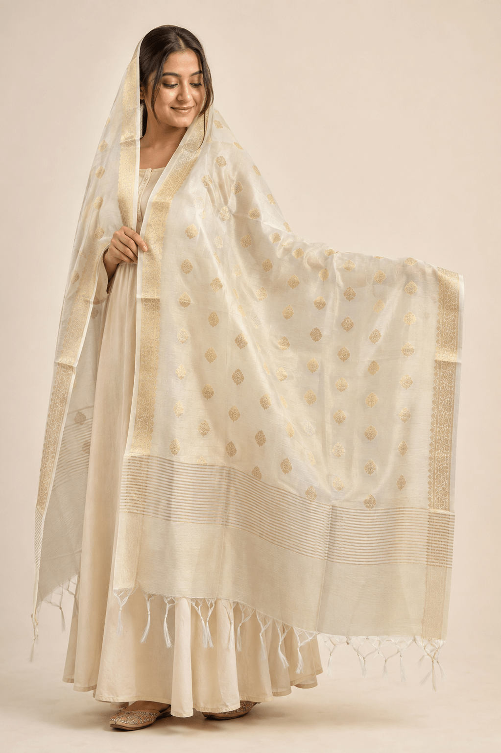 Gold Striped Floral Booti Tissue Dupatta - Matchless Gifts