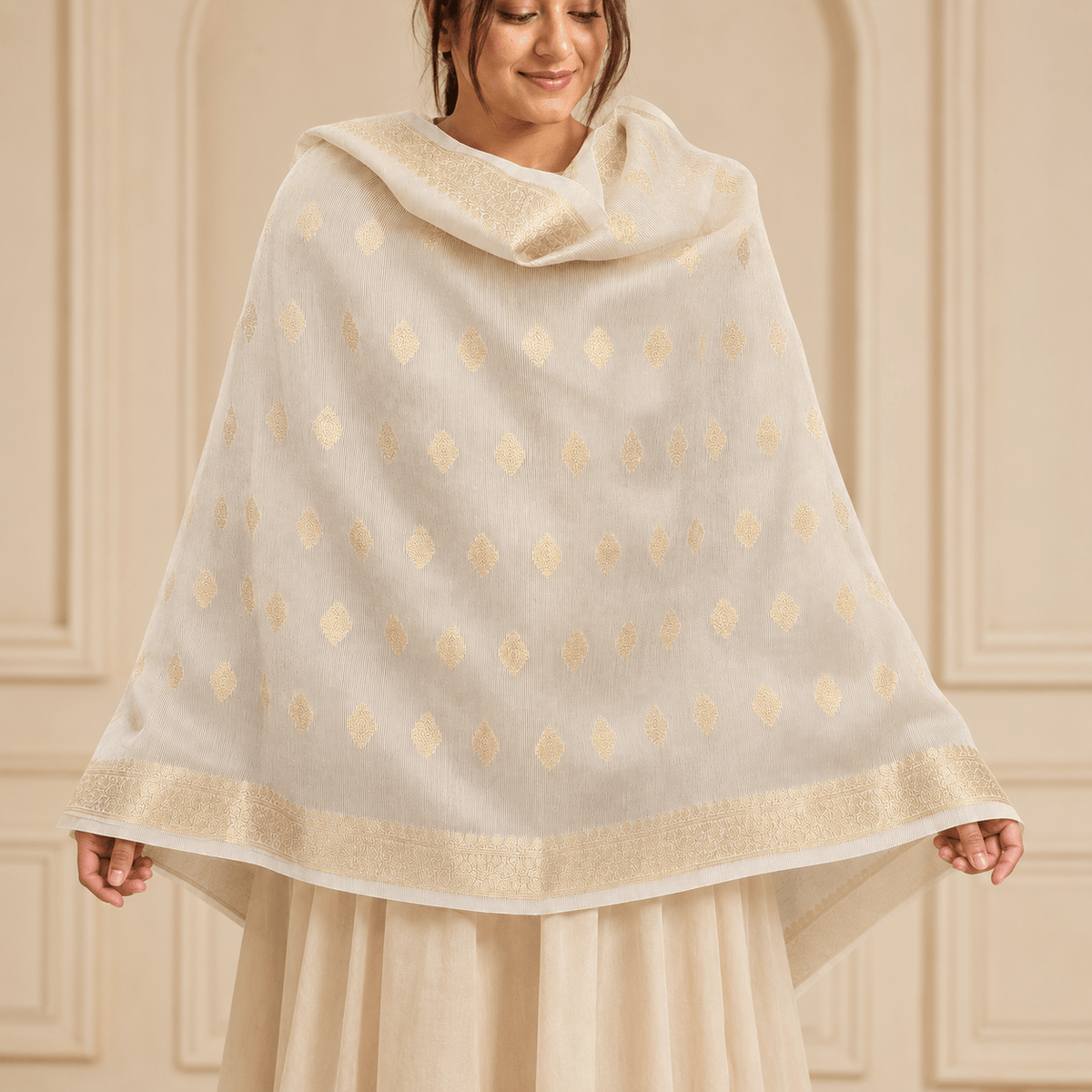 Gold Striped Floral Booti Tissue Dupatta - Matchless Gifts