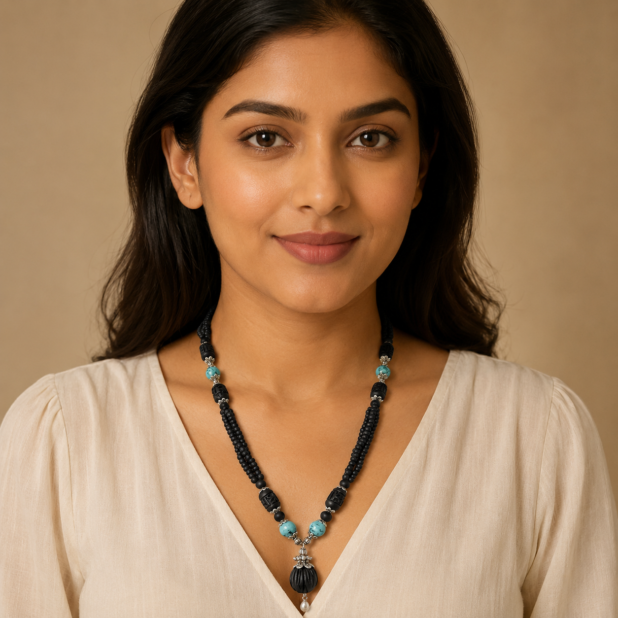 Three-Strand Tulsi & Turquoise Kunti Mala – 20"