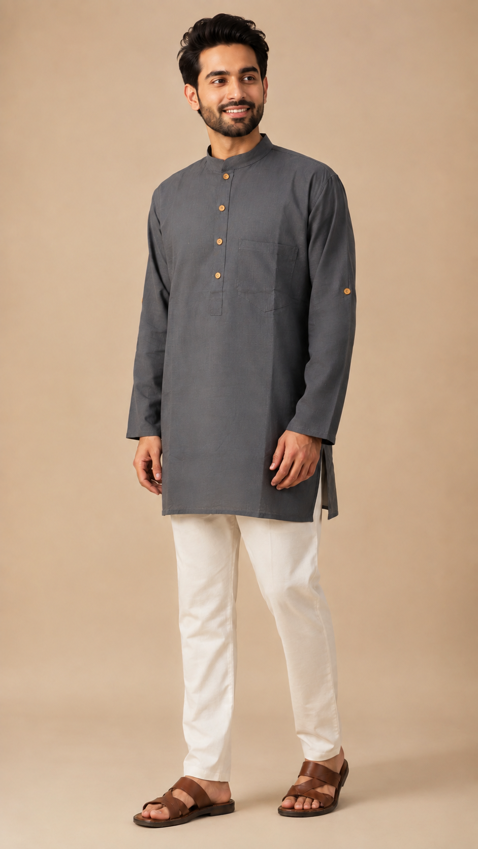 Men’s Charcoal Gray Cotton Short Kurta